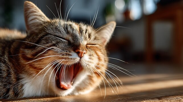 Yawning tabby cat