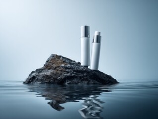 Two white cosmetic bottles on a rock in water for skincare promotion