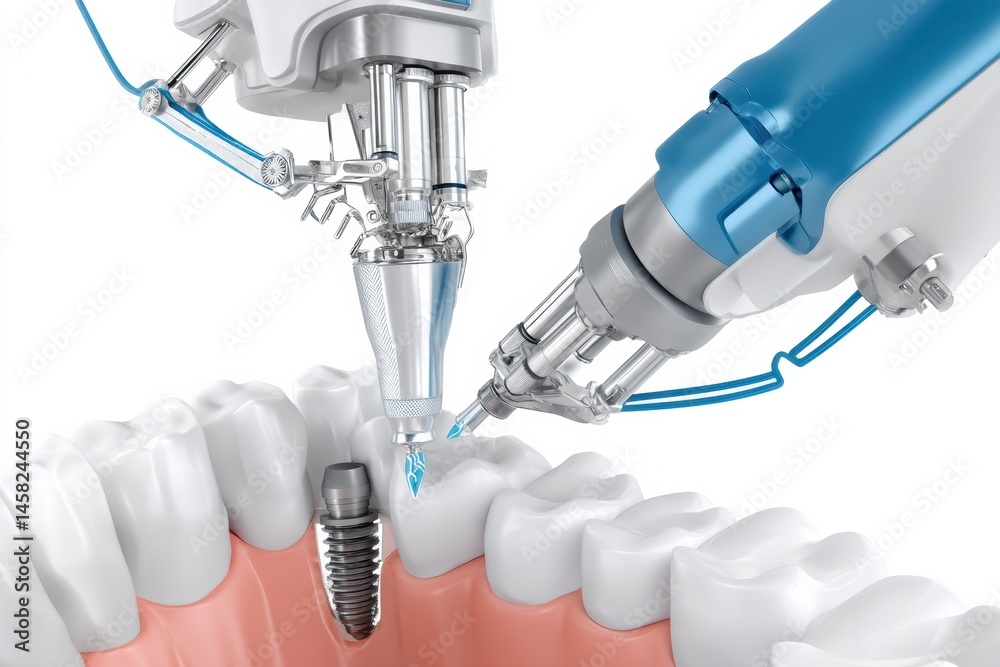 Aufkleber Dental Robot Arm Performs Precise Implant Insertion Into Gum Model for Advanced Orthodontic Procedures Generative AI