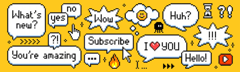 Fototapeta na wymiar Pixel speech bubble set with retro phrases - 8 bit style chat boxes with old school internet slang. Quirky message clouds and emoticons on bright yellow background. Nostalgic 90s graphic elements.