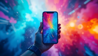 a hand holding a smartphone against a background filled with bright colors and gradients, creating an abstract and visually striking composition. The colors are blend together, conveying a futuristic