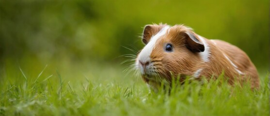 Guinea pig in a tranquil grassy field, closeup view with a peaceful gaze and light brown coat.