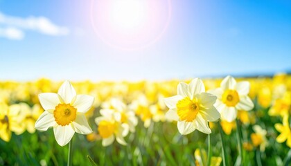 Fototapeta premium Blooming daffodils in a sunny field nature photography bright environment scenic view floral concept