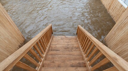 Top-down view of a flooded home interior with wooden stairs submerged in murky water, showing severe damage from rising flood levels.
