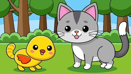 Gato Brincando com Patinho no Parque