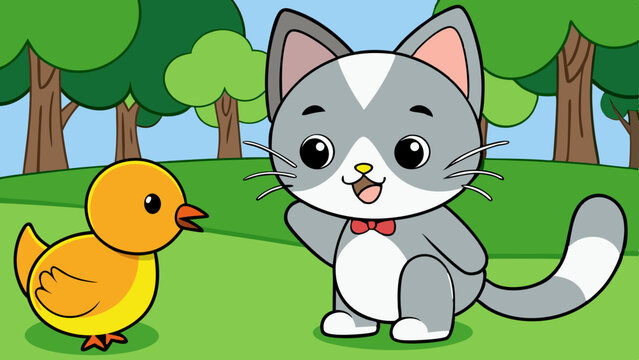 Gato Brincando com Patinho no Parque