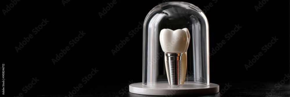 Poster realistic single tooth implant displayed under a glass dome with a sleek base for educational or sho