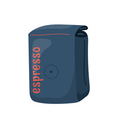 Obraz premium Rectangular espresso coffee pack in flat style. Minimal modern packaging with valve, dark color and bold lettering. Ideal for branding, design, cafe menu. Coffee bean bag. Flat vector illustration