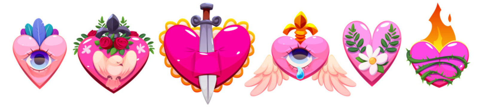 Mexican sacred hearts set isolated on white background. Vector cartoon illustration of tattoo love and hope symbols with eye, fire, sword, wings, flower and colorful ornament, hispanic culture art