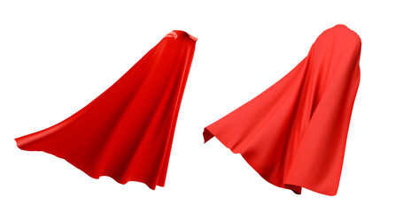 Red super hero cape mockup set angle rear view. Vivid scarlet cloak with draped folds, flowing fabric design for hero or king costume. Blank apparel template for product showcase, merchandise display © klyaksun