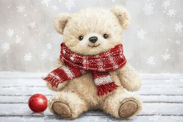 Obraz premium Adorable Soft Teddy Bear with Red Scarf and Christmas Ornament