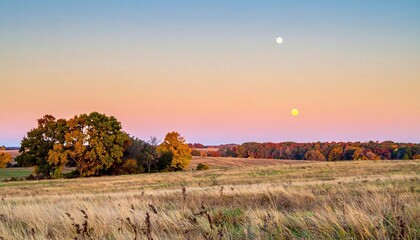 Obraz premium Sunrise and sunset over autumn fields open landscape nature photography tranquil environment wide angle view seasonal change