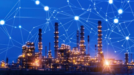 Industrial Complex at Night with Digital Overlay