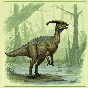 Parasaurolophus Dinosaur in Swamp Illustration | Generative AI