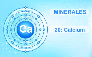 Electron diagram of shell mineral and macroelement Ca, calcium, the 20th element of the periodic table of elements. Abstract blue background. Medical awareness poster
