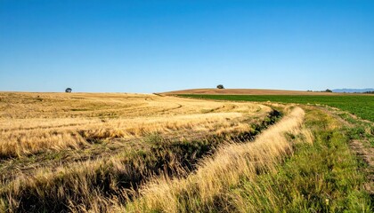 Fototapeta premium Tranquil landscape - scenic fields and rolling hills nature photography bright daylight wide angle view