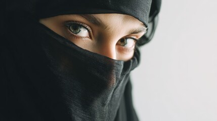 a woman in a black hijab with only her eyes visible
