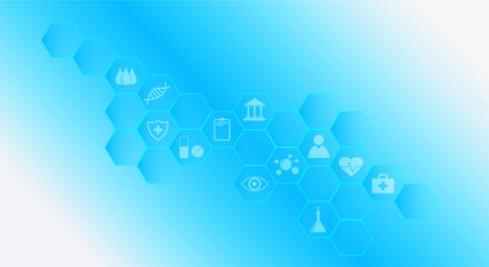 Medical icons on blue medical background. Awareness poster. Copy space