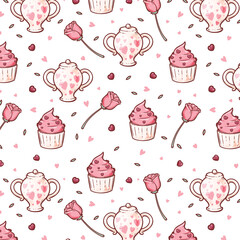 cute tea set with strawberry cake hand drawn seamless pattern vector illustration for invitation greeting birthday party celebration wedding card poster banner textile wallpaper paper wrap background
