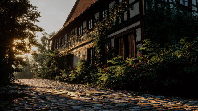 Charming german mansion with a usurious gable roof, timber windows, and cobblestone street under soft sunlight.