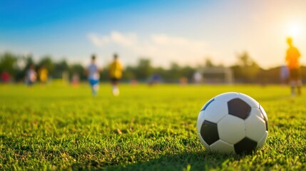 Soccer ball on green field with blurred children playing