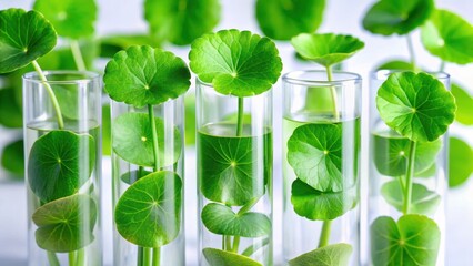 Fresh Centella asiatica leaves in biological test tubes with caps and labels, ready for cosmetic production, herbal research, biological testing