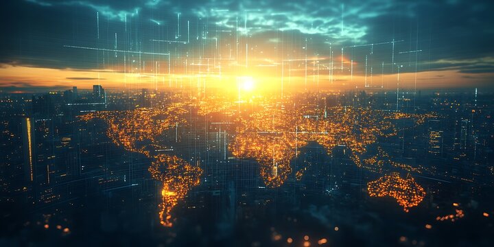 Networked planet with bright sunrise. Lines form virtual grid over continents and cities as day breaks on the horizon