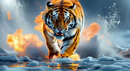A digitally enhanced image of a tiger walking through a dramatic landscape of fire and ice.