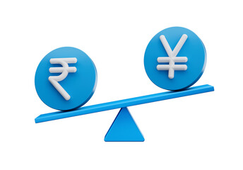 Obraz premium 3d White Rupee And Yen Symbol On Rounded Blue Icons With 3d Balance Weight Seesaw, 3d illustration