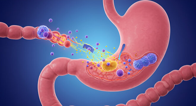 G‑Cell Secreting Gastrin in Stomach &ndash; Gastric Hormone Regulation Illustration