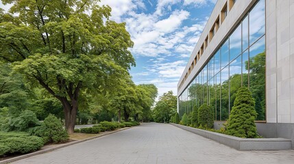Sleek glass façade of a modern office center reflects trees and sky, blending urban architecture with surrounding nature.
