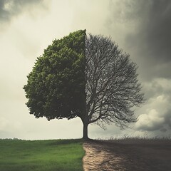 Nature artwork conceptual dual tree contrast seasons life decay symbolic roots split growth transformation visual