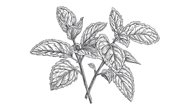 Detailed botanical drawing of mint leaves and stems.