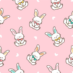 Seamless Pattern with Cute Cartoon Rabiit Design on Pink Background. Hand Drawn Vector Illustration.