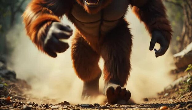 angry kingkong running on dusty forest road