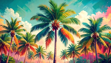 Vibrant Tropical Palm Trees under a Colorful Sky a Stunning Summer Vacation Paradise