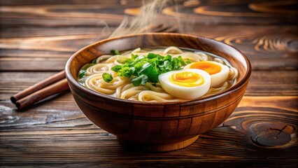 Steaming bowl of Japanese ramen noodle soup with soft-boiled egg and green onions in a shallow wooden bowl, cooking ingredients, japanese food