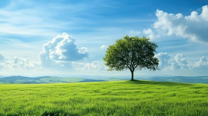 Obraz premium Solitary Tree in Serene Green Field: Idyllic Pastoral Landscape
