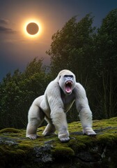 Powerful gorilla standing in forest with dramatic sunlight and open mouth