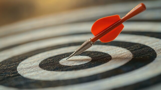 Precisely aimed dart in the bullseye of a target.