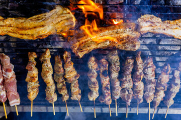 A grill filled with skewers and pork belly of meat cooking over open flames.