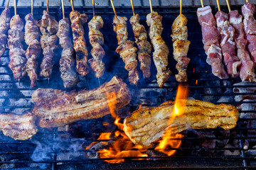 A grill filled with skewers and pork belly of meat cooking over open flames.