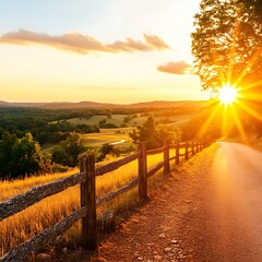 Obraz premium Golden Sunset over Rolling Hills Scenic Country Road with Wooden Fence