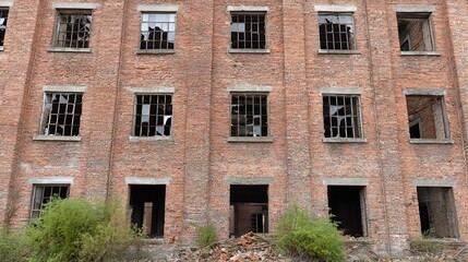 Obraz premium The abandoned multi-story brick factory, with broken glass windows, stands as a testament to urban decay and the economic recession's impact on industrial areas. 