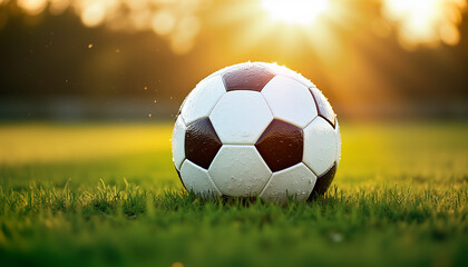 Fototapeta premium Soccer ball on wet grass at sunset