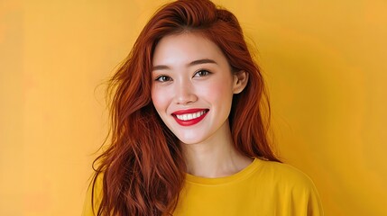 Fototapeta premium Trendy girl with bright red hair and vibrant makeup smiles joyfully, capturing a modern, fashionable vibe with cheerful expression. 