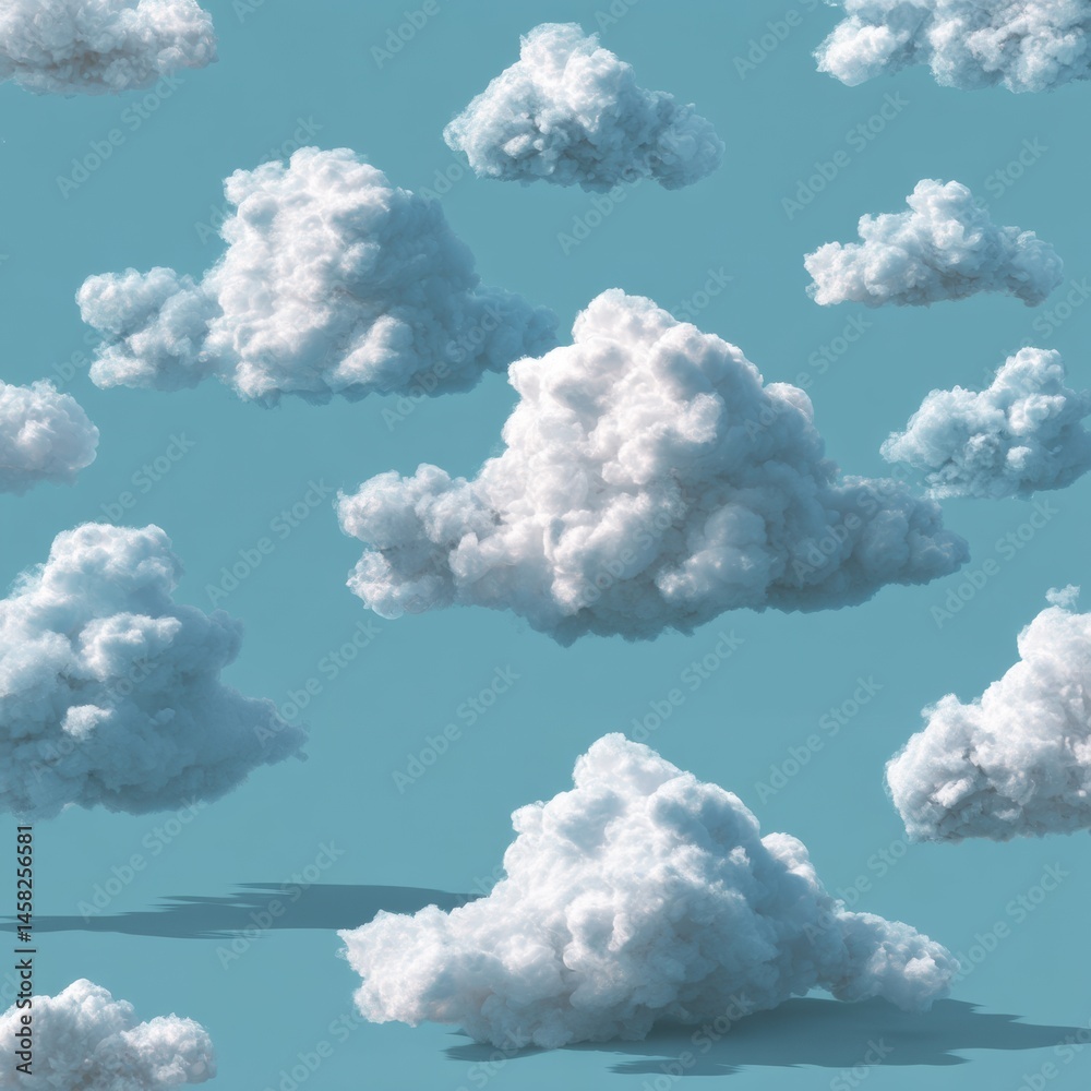 Poster clouds drifting in a pastel blue sky create a surreal cyberpunk minimalism aesthetic with soft textu