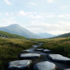 Serene Mountain Valley Path Tranquil Landscape with Stepping Stones Across a Stream