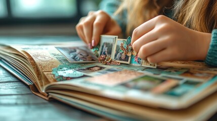 Hands arranging photos in scrapbook