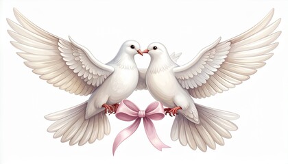 Obraz premium Two White Doves with Pink Bow Romantic Wedding Illustration